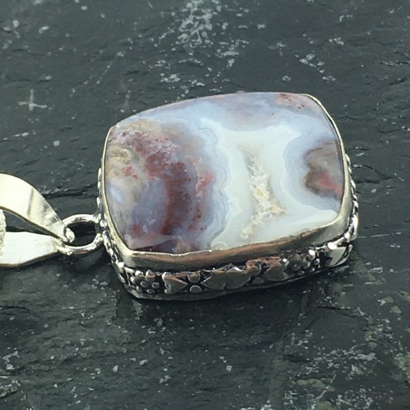 New Crazy Lace Agate Stone Silver Pendant Necklace - Picture 3 of 9